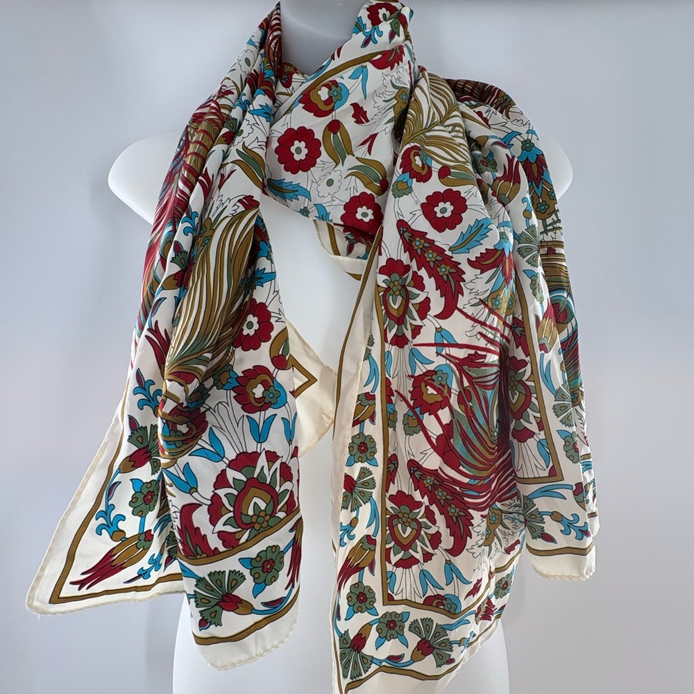 Floral Cream 100% Silk Scarf with Burgandy, Teal & Brown Accents Size: 22” X 63”